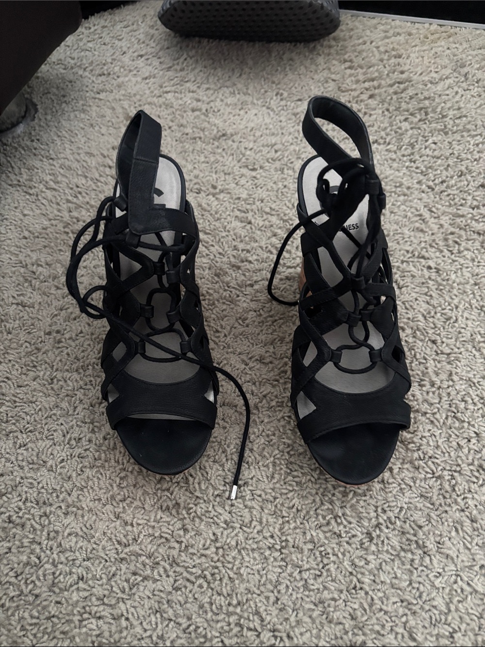 GUESS Black Lace-Up Cutout Wedge Sandals